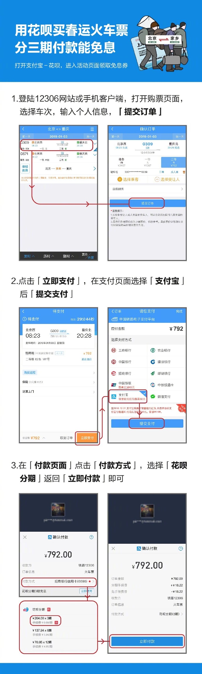 支付寶：春運(yùn)火車票支持花唄免息分期購(gòu)買